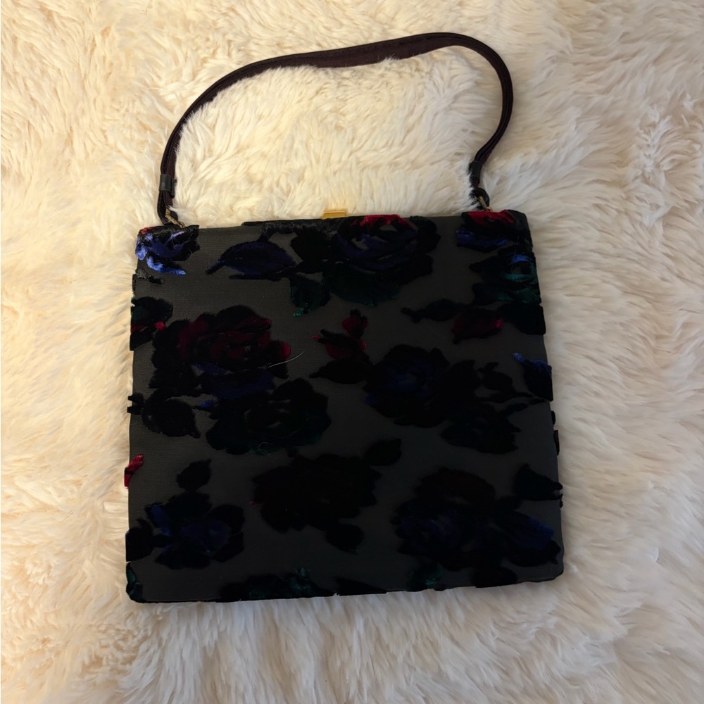 Black Velvet Floral Pattern Shoulder Bag